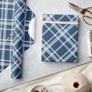 Eucalyptus Blue Tartan Plaid Custom Faux Gold Text Wrapping Paper