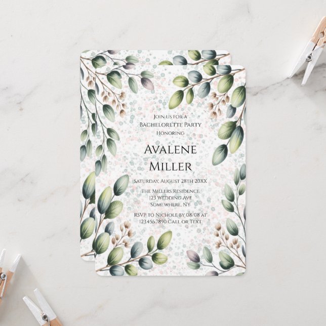 Eucalyptus Blush Alcohol Ink Bachelorette Party Invitation (Front/Back In Situ)