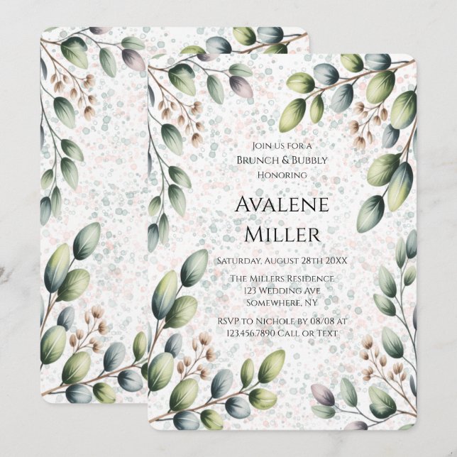 Eucalyptus Blush Alcohol Ink Brunch and Bubbly Invitation (Front/Back)