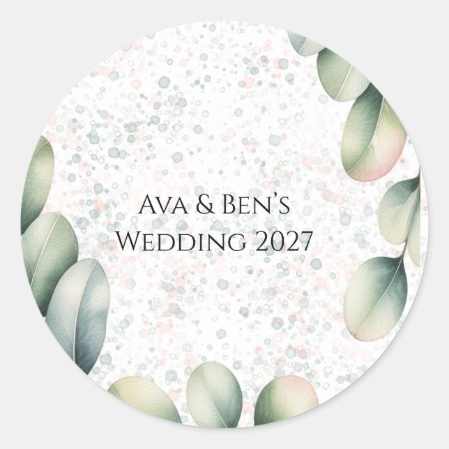 Eucalyptus Blush Alcohol Ink Wedding Classic Round Sticker (Front)