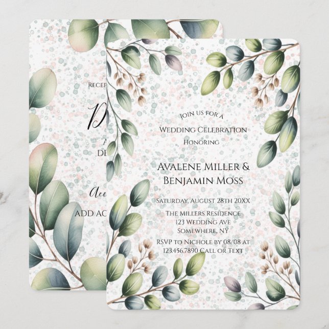 Eucalyptus Blush Alcohol Ink Wedding Invitation (Front/Back)