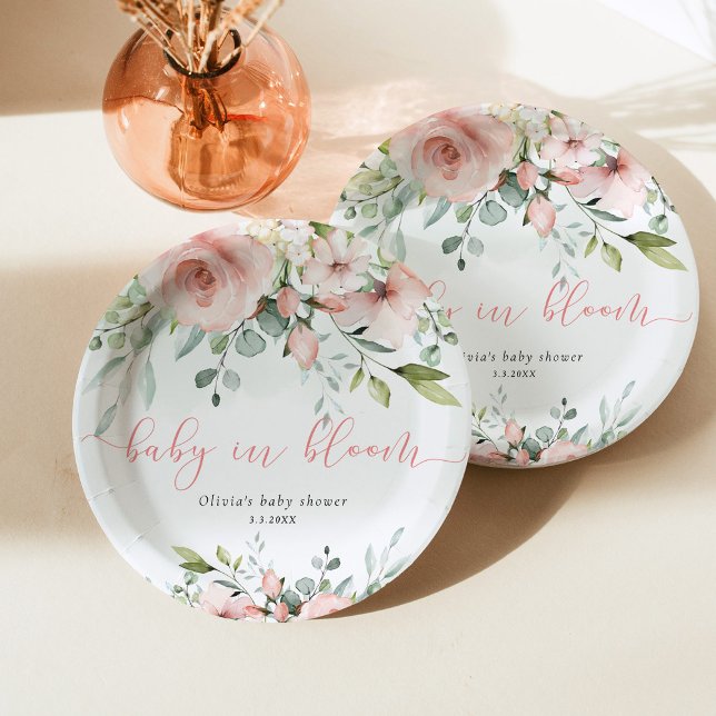Eucalyptus blush floral baby in bloom baby shower paper plate (Creator Uploaded)