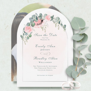 Eucalyptus Blush Pink Floral Arch Save the Date   Invitation