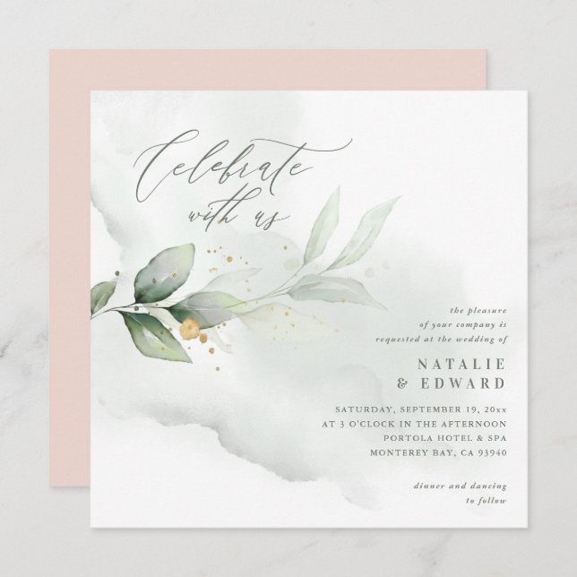 Eucalyptus blush pink gold wedding script etherial (Front/Back)