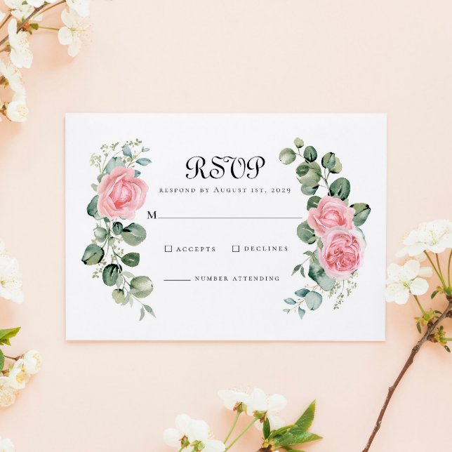 Eucalyptus Blush Pink Rose Floral Arch Wedding RSVP Card (Creator Uploaded)