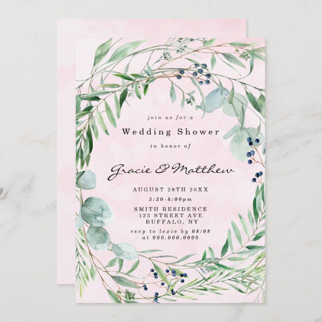 Eucalyptus Blush Pink Wedding Shower Invitation (Front/Back)