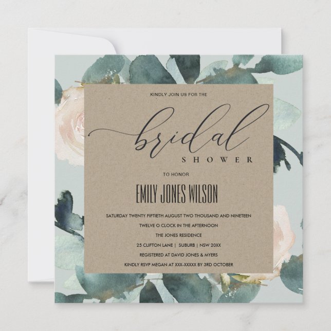 EUCALYPTUS BLUSH ROSE GREY KRAFT BRIDAL SHOWER INVITATION (Front)