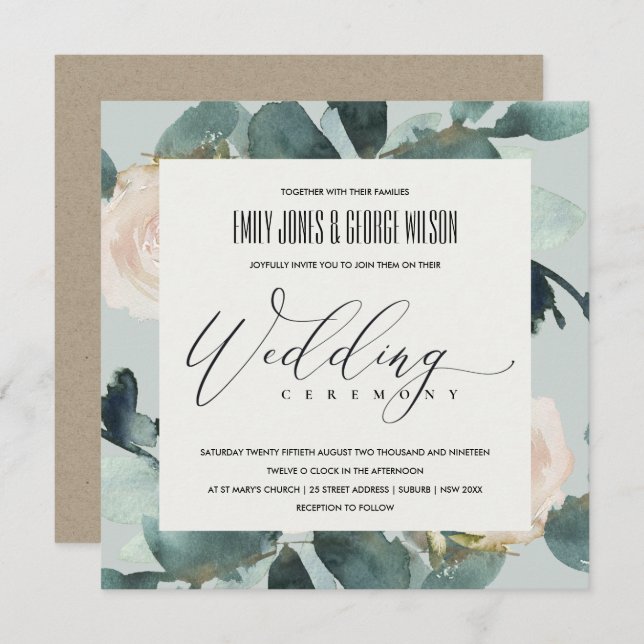 EUCALYPTUS BLUSH ROSE GREY KRAFT FOLIAGE WEDDING INVITATION (Front/Back)