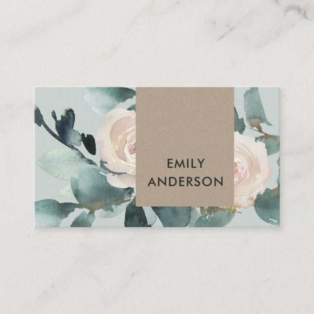EUCALYPTUS BLUSH ROSE PEONY GREY FAUNA WATERCOLOR BUSINESS CARD (Front)