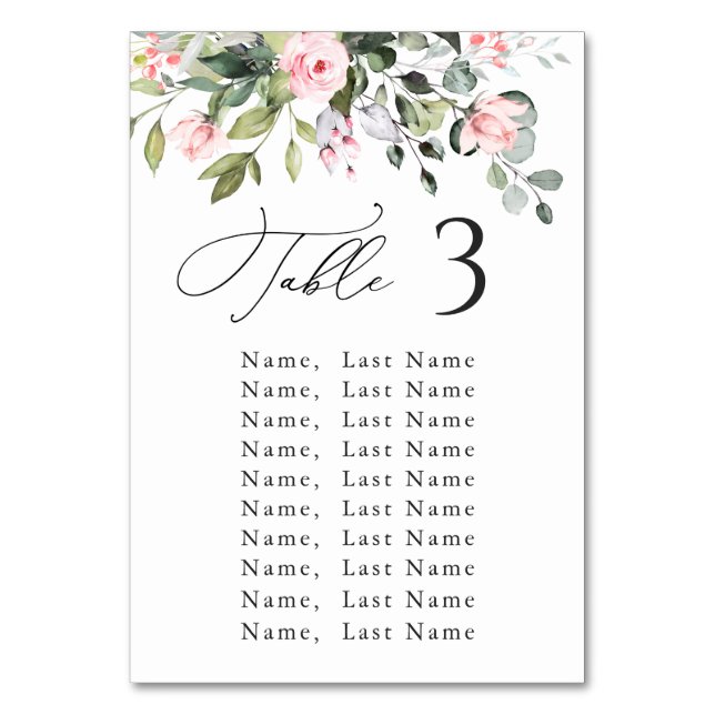 Eucalyptus Blush Roses Table Number Seating Chart (Front)