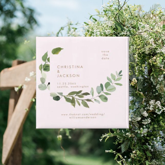 Eucalyptus Blush Wedding Square Save the Date Magnet (Creator Uploaded)