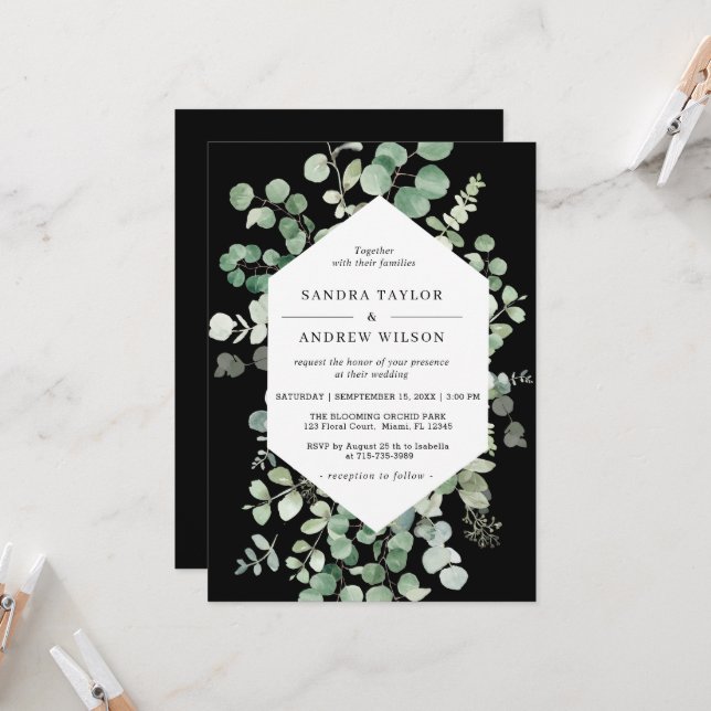 Eucalyptus Botanical Black Chic Wedding Invitation (Front/Back In Situ)