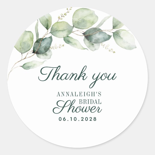 Eucalyptus Botanical Bridal Shower Thank You Classic Round Sticker (Front)