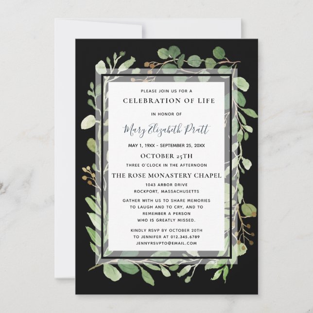 Eucalyptus Botanical Celebration of a Life Invitat Invitation (Front)