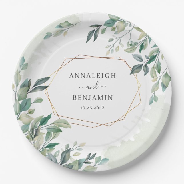 Eucalyptus Botanical Geometric Greenery Wedding Paper Plate (Front)