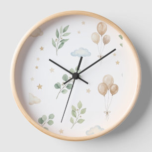 Eucalyptus Botanical & Gold Balloons Wall Clock