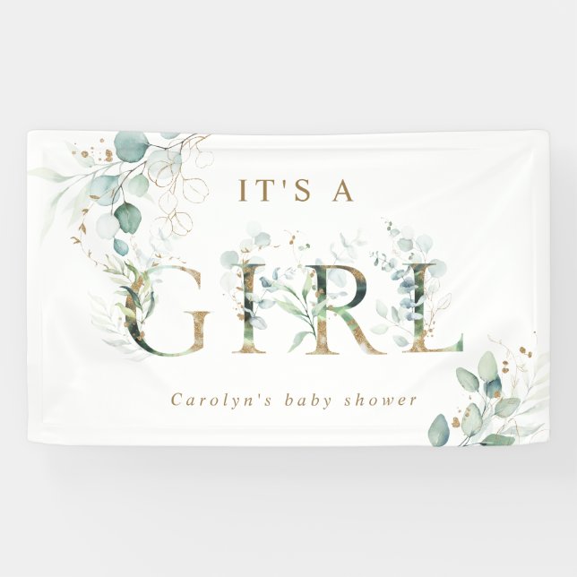 Eucalyptus Botanical Gold Letter Girl Baby Shower  Banner (Horizontal)