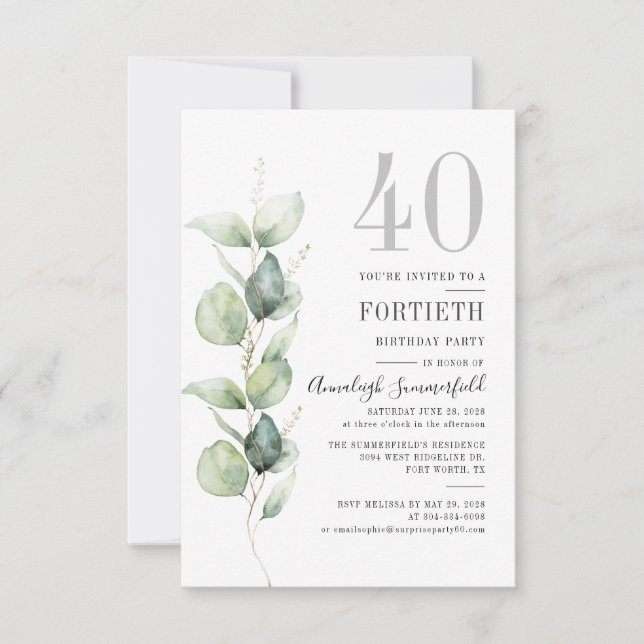 Eucalyptus Botanical Greenery 40th Birthday Party Invitation (Front)