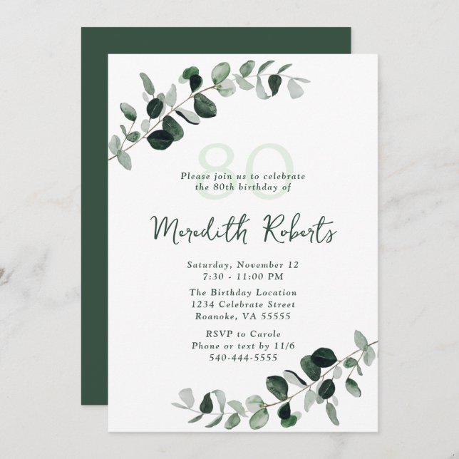 Eucalyptus Botanical Greenery 80th Birthday Invitation (Front/Back)