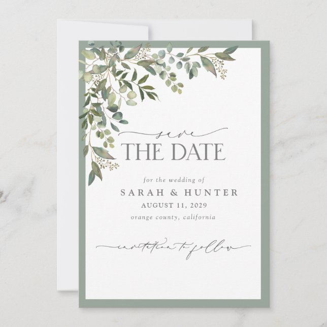Eucalyptus Botanical Greenery Calligraphy Wedding Save The Date (Front)