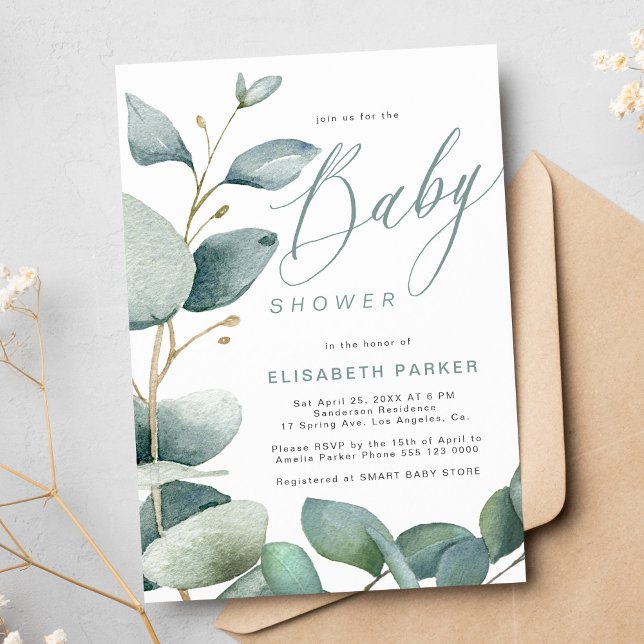 Eucalyptus botanical greenery foliage baby shower invitation (Creator Uploaded)