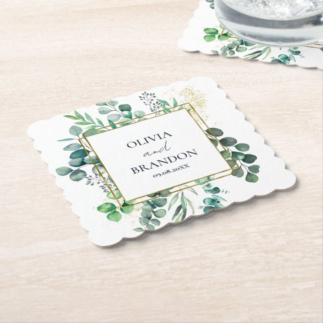 Eucalyptus Botanical Greenery Leaves Wedding Paper Coaster (Angled)