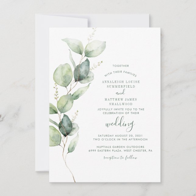 Eucalyptus Botanical Greenery Script Wedding Invitation (Front)