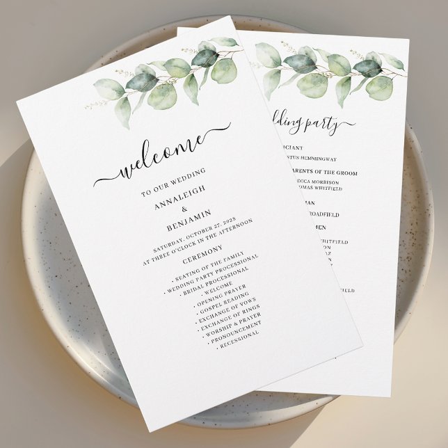 Eucalyptus Botanical Greenery Wedding Program (Eucalyptus Greenery Script Wedding Welcome Program Stationery)