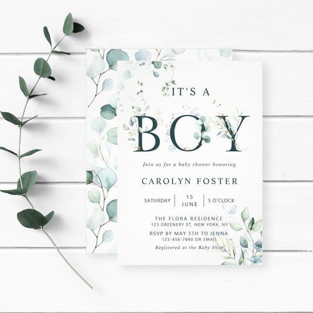 Eucalyptus Botanical Letter Boy Baby Shower Invitation (Creator Uploaded)