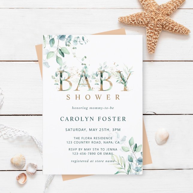 Eucalyptus Botanical Letter Gold Baby Shower Invitation (Creator Uploaded)