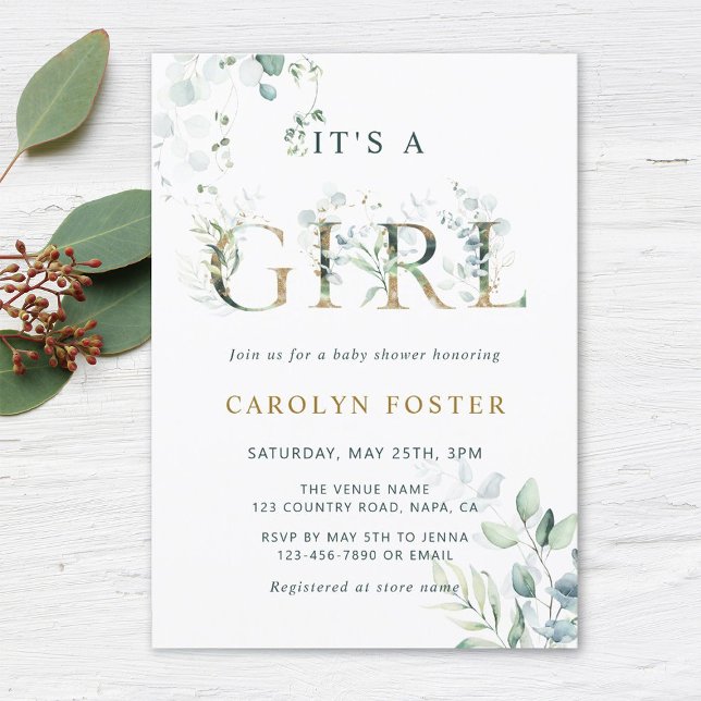 Eucalyptus Botanical Letter Gold Girl Baby Shower Invitation (Creator Uploaded)