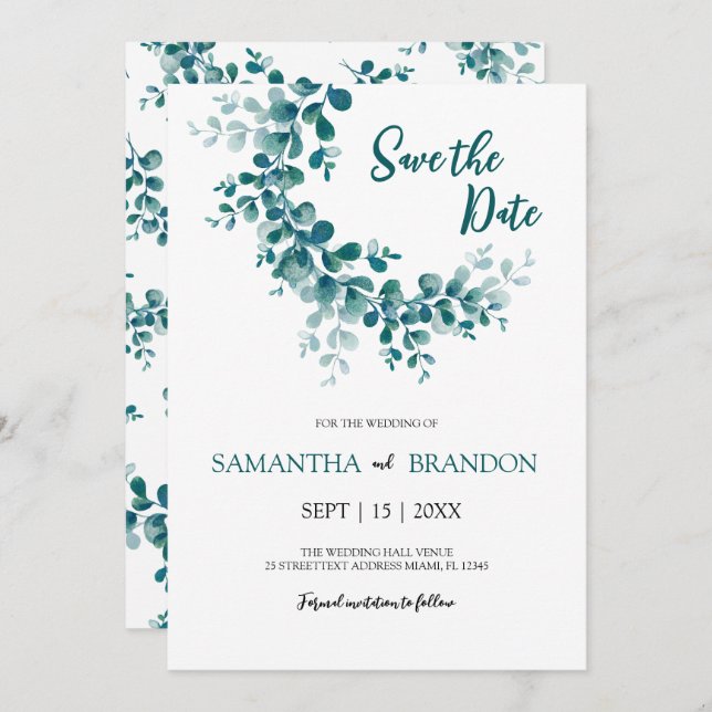 Eucalyptus botanical rustic greenery minimalist save the date (Front/Back)