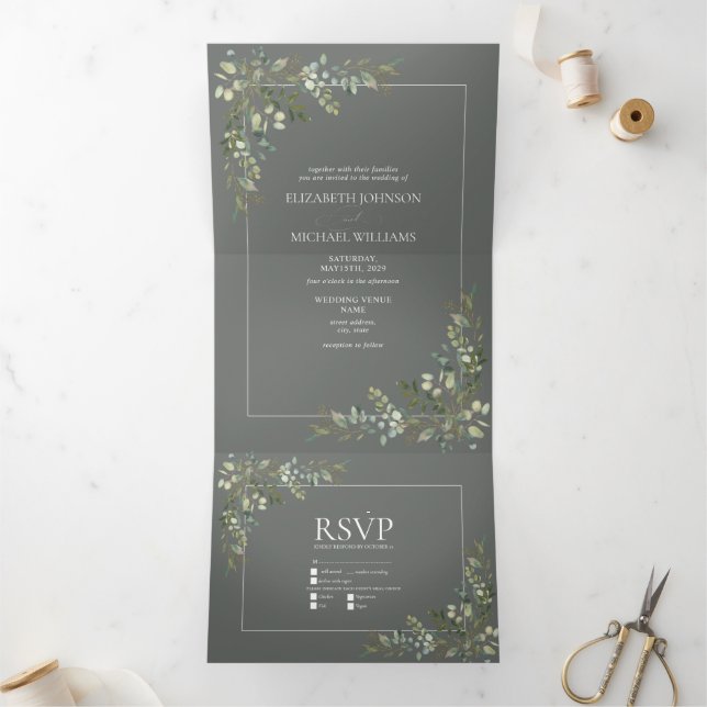 Eucalyptus Botanical Sage Green Meals Wedding Tri-Fold Invitation (Inside)