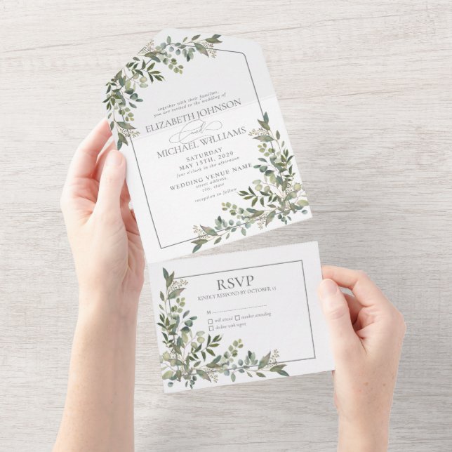 Eucalyptus Botanical Sage Green Script Wedding All All In One Invitation (Tearaway)