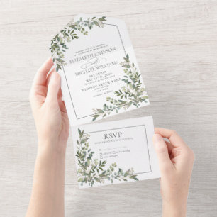 Eucalyptus Botanical Sage Green Script Wedding All All In One Invitation