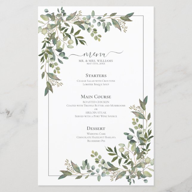Eucalyptus Botanical Sage Green Wedding Menu (Front)