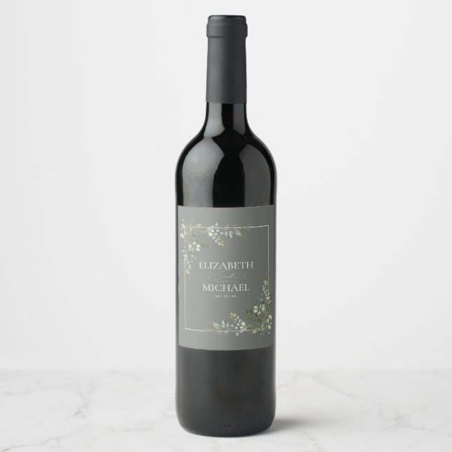 Eucalyptus Botanical Sage Green Wedding Wine Label (Front)