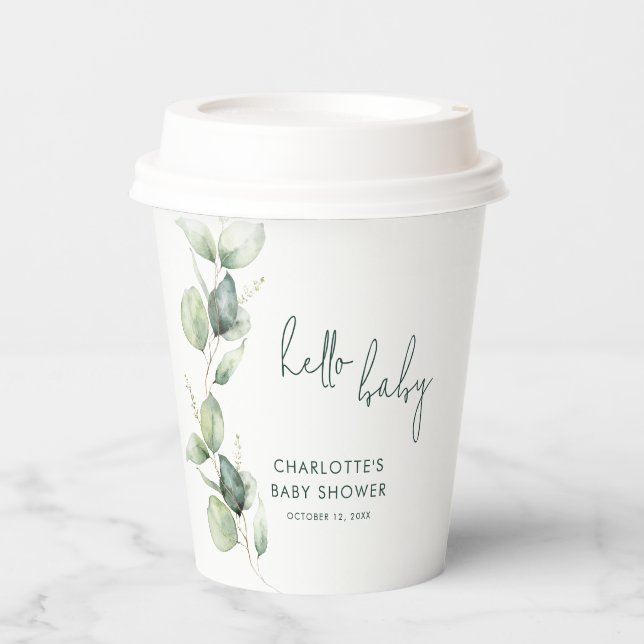 Eucalyptus Botanical Script Baby Shower Paper Cups (Front)