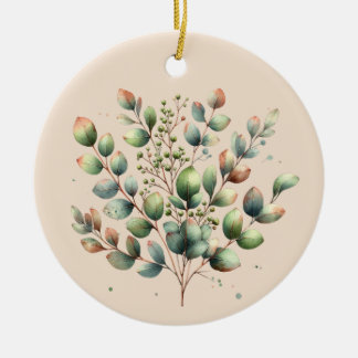 Eucalyptus botanical watercolor cream coloured ceramic tree decoration