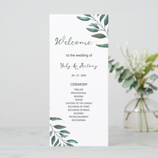 Eucalyptus Botanical Wedding Order of Service (Standing Front)