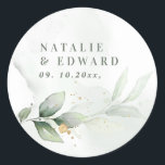 Eucalyptus  botanical wedding party favour classic round sticker<br><div class="desc">Etherial watercolor green elegant botanical foliage and metallic gold effect wedding party favour. With beautiful watercolor details. This modern wedding collection is sure to set the style for your big day.</div>