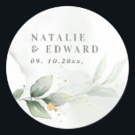 Eucalyptus  botanical wedding party favour classic round sticker<br><div class="desc">Etherial watercolor green elegant botanical foliage and metallic gold effect wedding party favour. With beautiful watercolor details. This modern wedding collection is sure to set the style for your big day.</div>