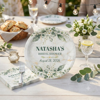 Eucalyptus Botanical White Rose Bridal Shower Pape Paper Plate