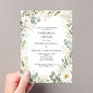 Eucalyptus Botanicals White Rose Rehearsal Dinner  Acrylic Invitations