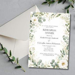 Eucalyptus Botanicals White Rose Rehearsal Dinner  Invitation