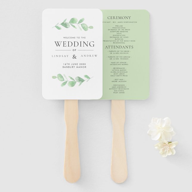 Eucalyptus Bough Watercolor Wedding Program Hand Fan (Front and Back)