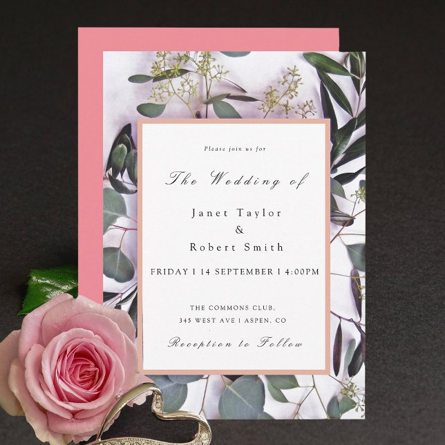 Eucalyptus Bouquet with Pink Border Wedding  Invitation (Creator Uploaded)