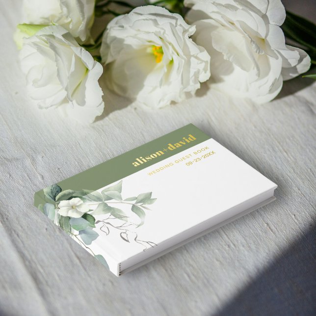 Eucalyptus branch and white flowers wedding foil guest book (Creator Uploaded)