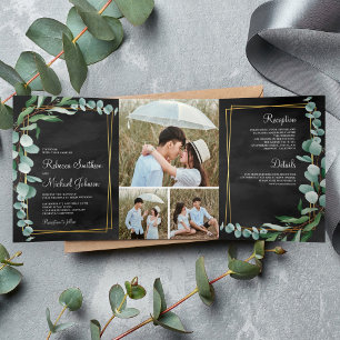 Eucalyptus Branch Black Gold Photo Collage Wedding Tri-Fold Invitation