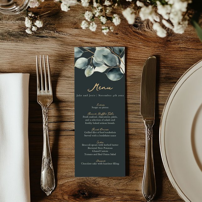 Eucalyptus branch dark green gold wedding menu (Wedding reception dinner menu with and gold text, green background and eucalyptus leaves top frame)